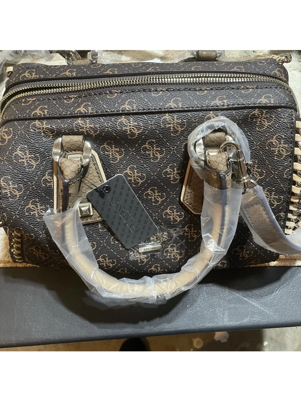 GUESS Brown Monogram Satchel with Gold Hardware